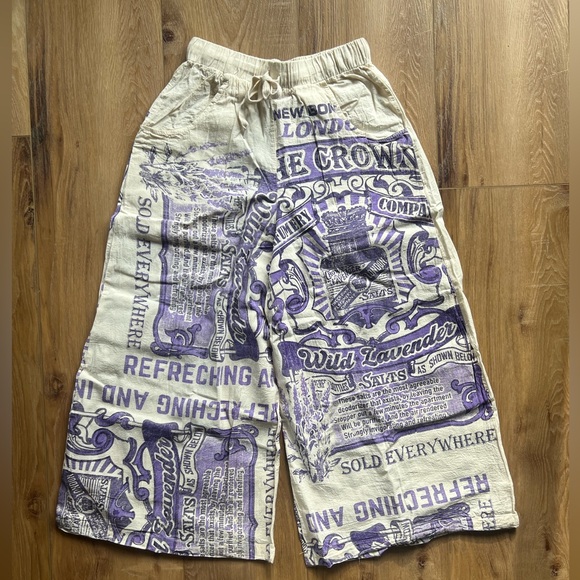 Vintage Sack Pants - VTG Flour Sack Lavender Themed All Over Print High Waist Wide Leg Pants S/M